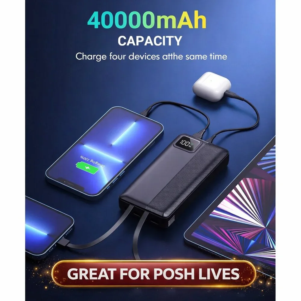 Portable Phone Charger -40000 mAh Fast Charging Power Bank, With Built-in Cables